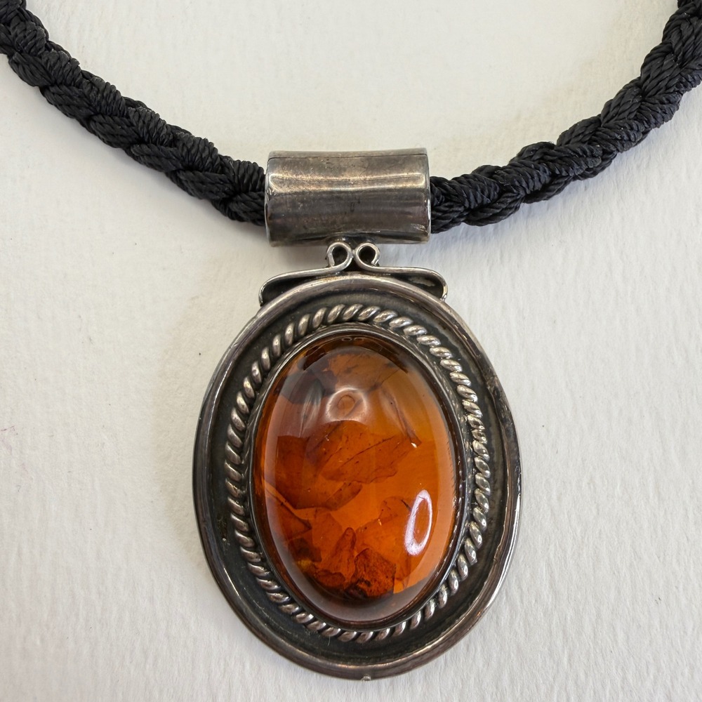 Sterling Silver Amber Necklace Mexico Artist Signed Oval Pendant Braided Cord